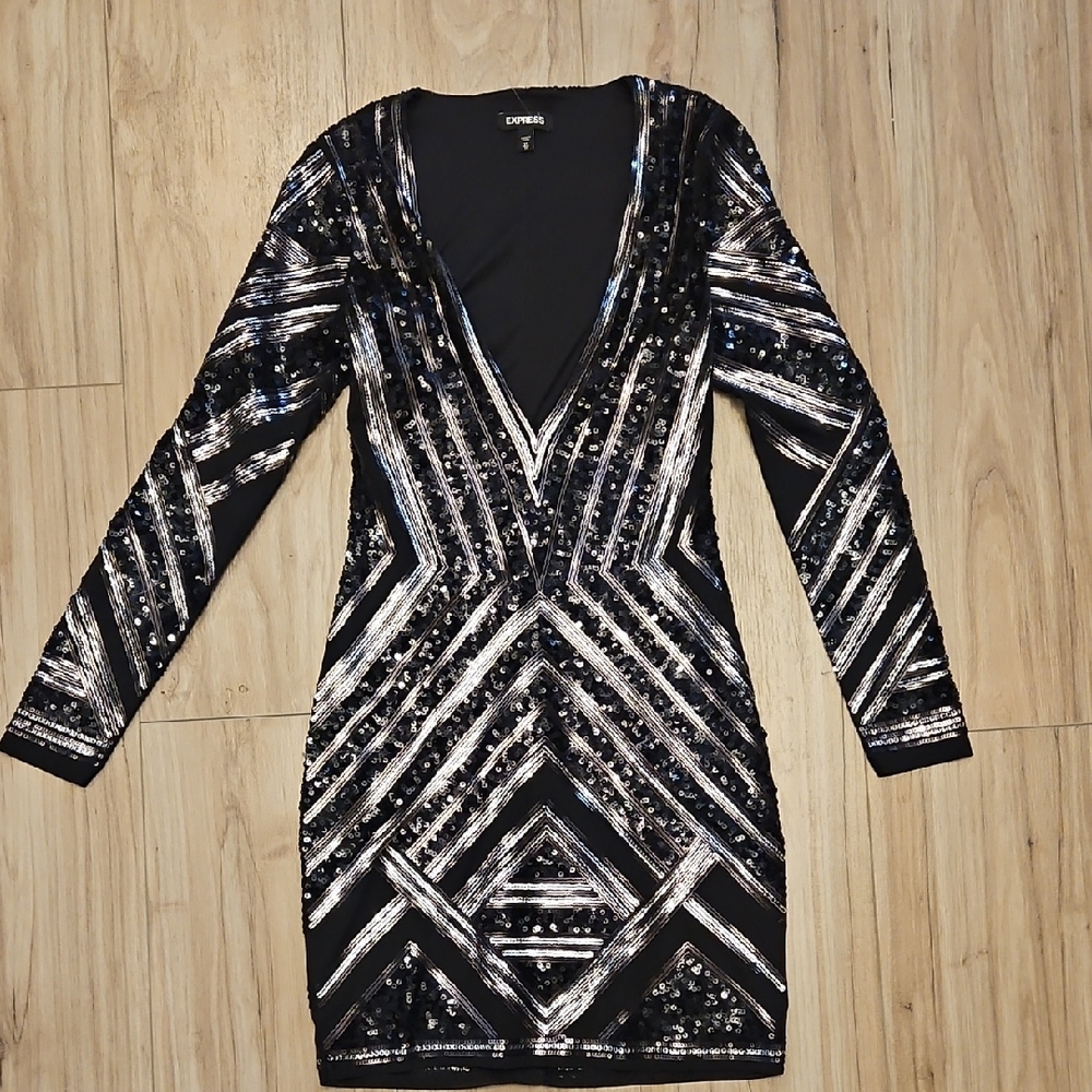 Express Black and Silver Geometric Sequin Dress